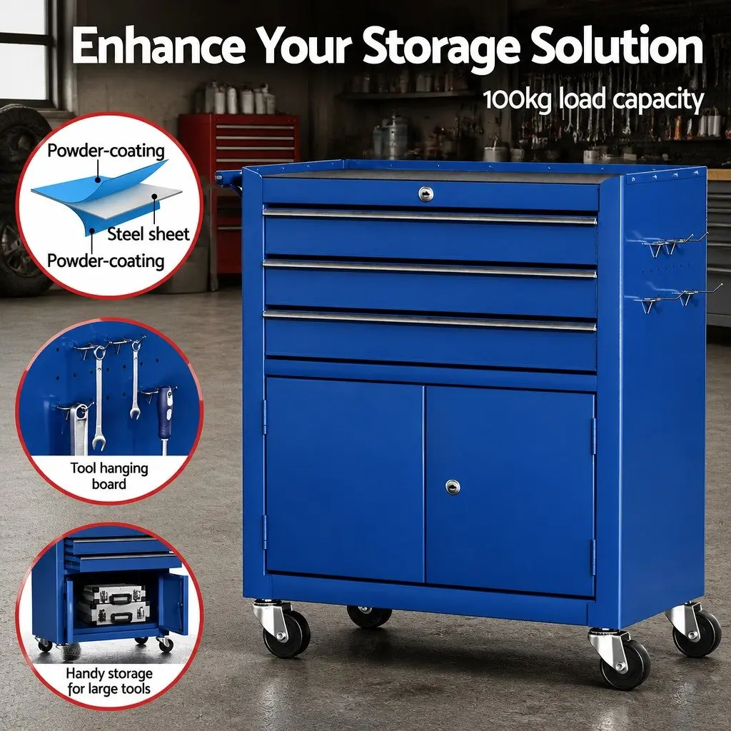 Tool Box Cabinet Chest Blue 3 Drawer Mobile with Locking System and Smooth Ball-Bearing Slides