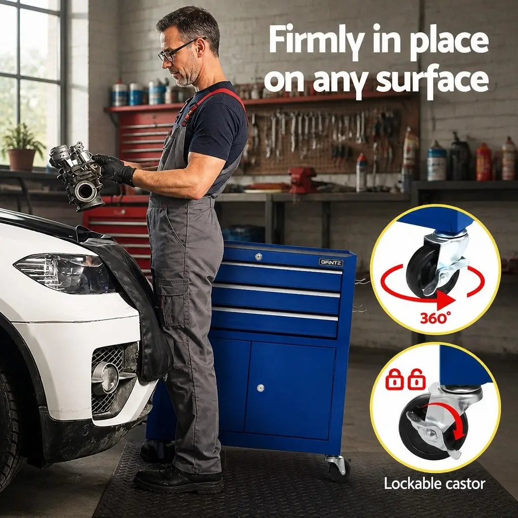Tool Box Cabinet Chest Blue 3 Drawer Mobile with Locking System and Smooth Ball-Bearing Slides