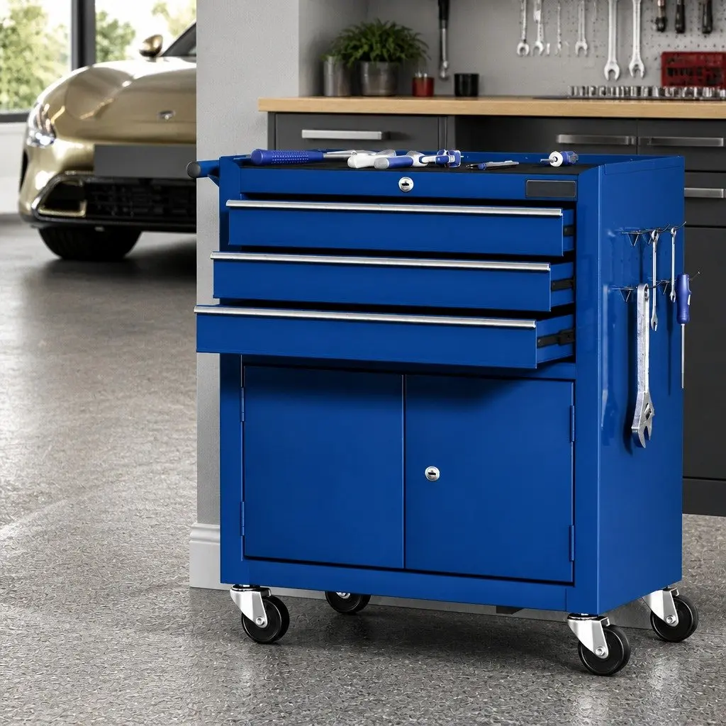 Tool Box Cabinet Chest Blue 3 Drawer Mobile with Locking System and Smooth Ball-Bearing Slides