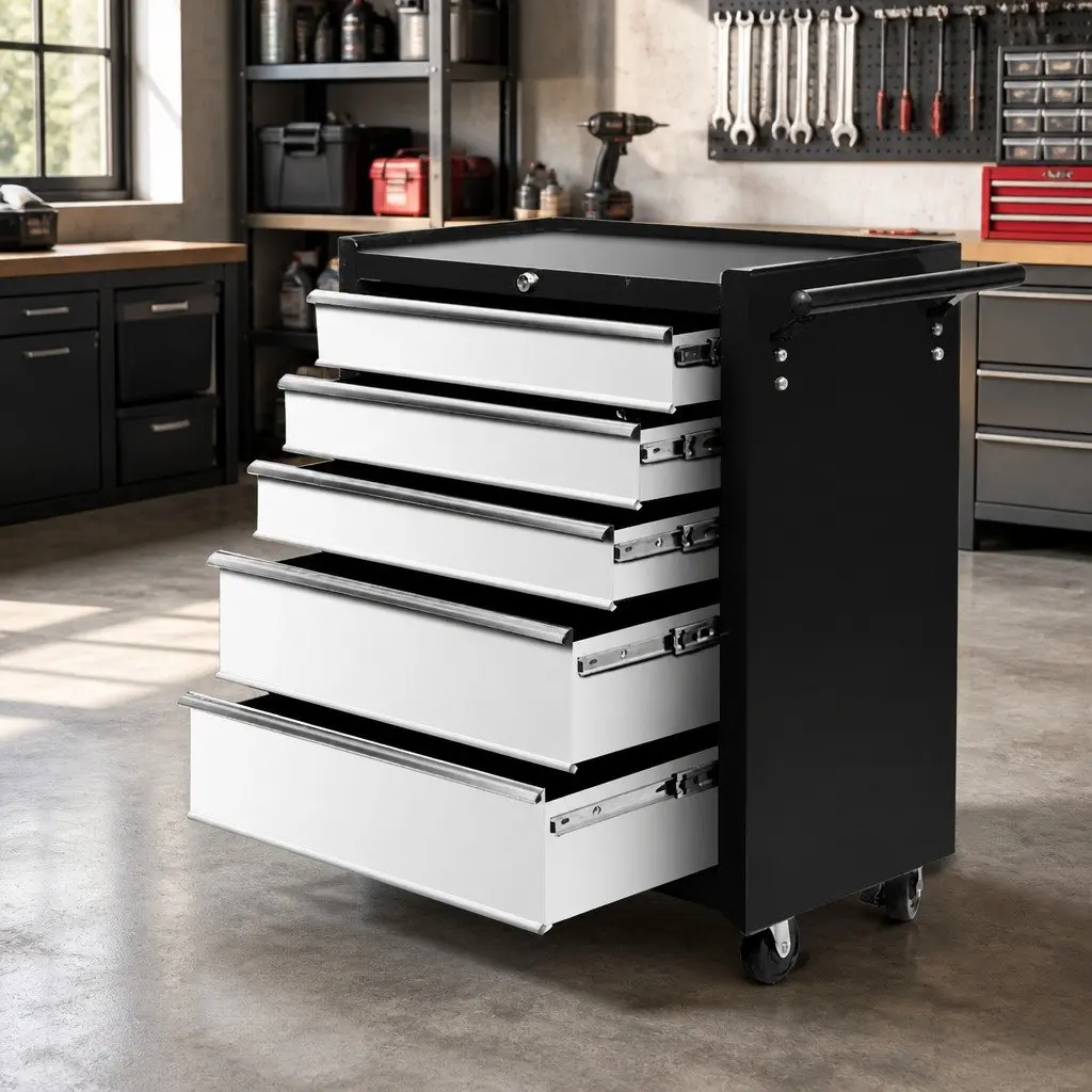 5 Drawer Steel Tool Box Cabinet Chest Trolley Black or Grey with Smooth Ball Bearing Drawer Slides and Omni Directional Castors