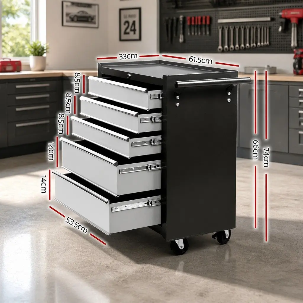 5 Drawer Steel Tool Box Cabinet Chest Trolley Black or Grey with Smooth Ball Bearing Drawer Slides and Omni Directional Castors