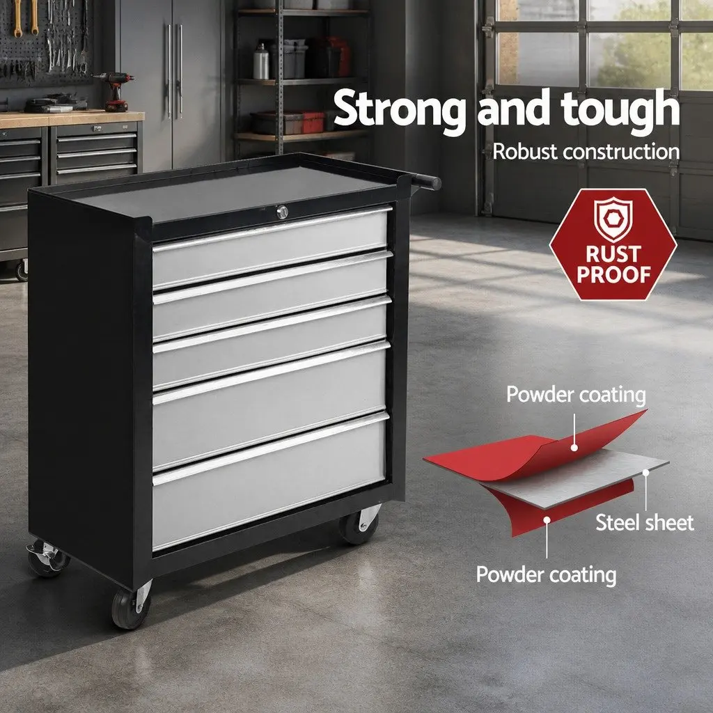 5 Drawer Steel Tool Box Cabinet Chest Trolley Black or Grey with Smooth Ball Bearing Drawer Slides and Omni Directional Castors