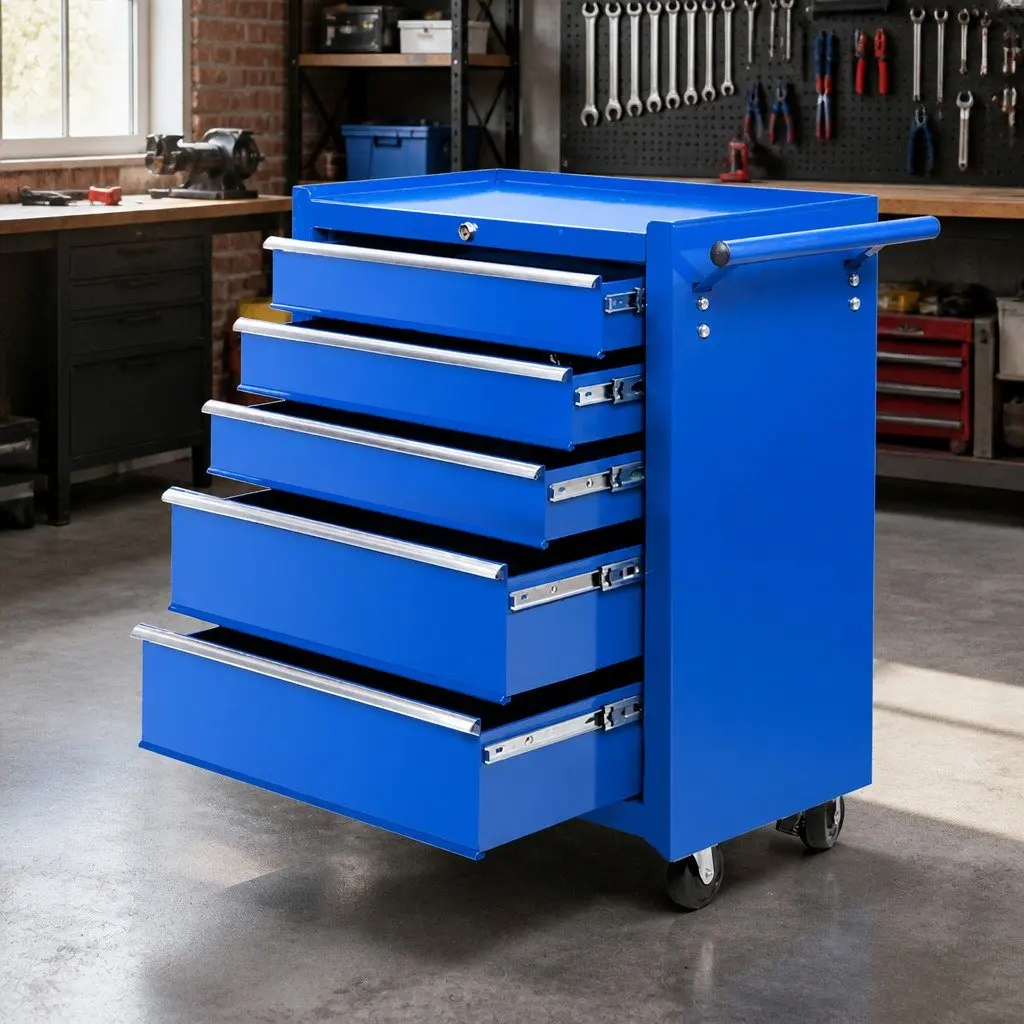 Tool Cabinet Blue 5 Drawer Steel Storage Trolley with Lockable Castors and Ball Bearing Slides