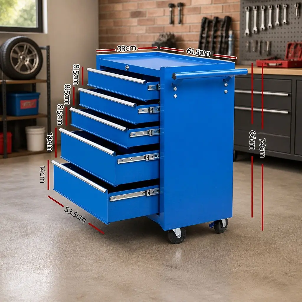 Tool Cabinet Blue 5 Drawer Steel Storage Trolley with Lockable Castors and Ball Bearing Slides