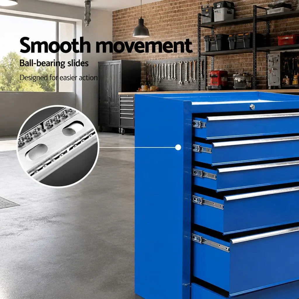Tool Cabinet Blue 5 Drawer Steel Storage Trolley with Lockable Castors and Ball Bearing Slides