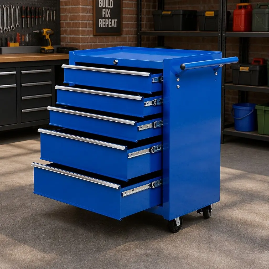 Tool Cabinet Blue 5 Drawer Steel Storage Trolley with Lockable Castors and Ball Bearing Slides