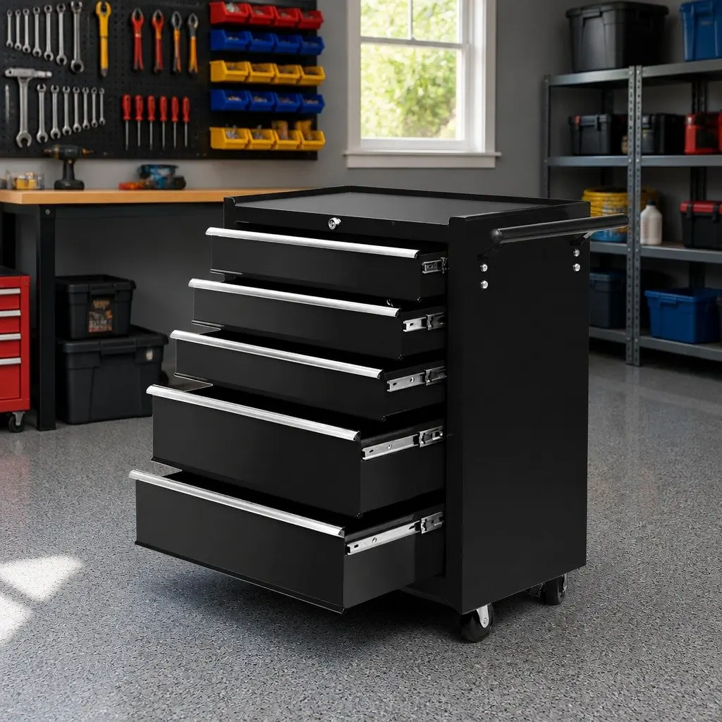 Tool Cabinet Black 5 Drawer Lockable Castors Steel Construction