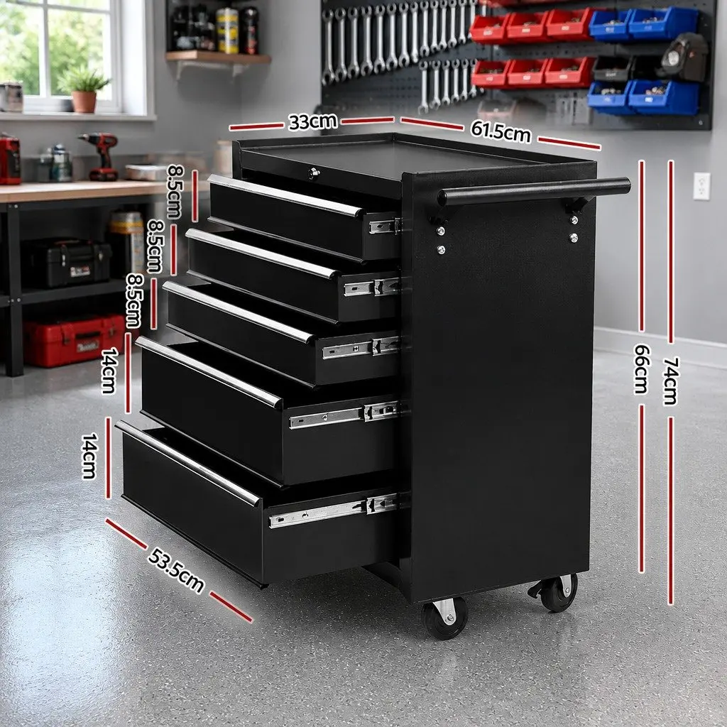 Tool Cabinet Black 5 Drawer Lockable Castors Steel Construction