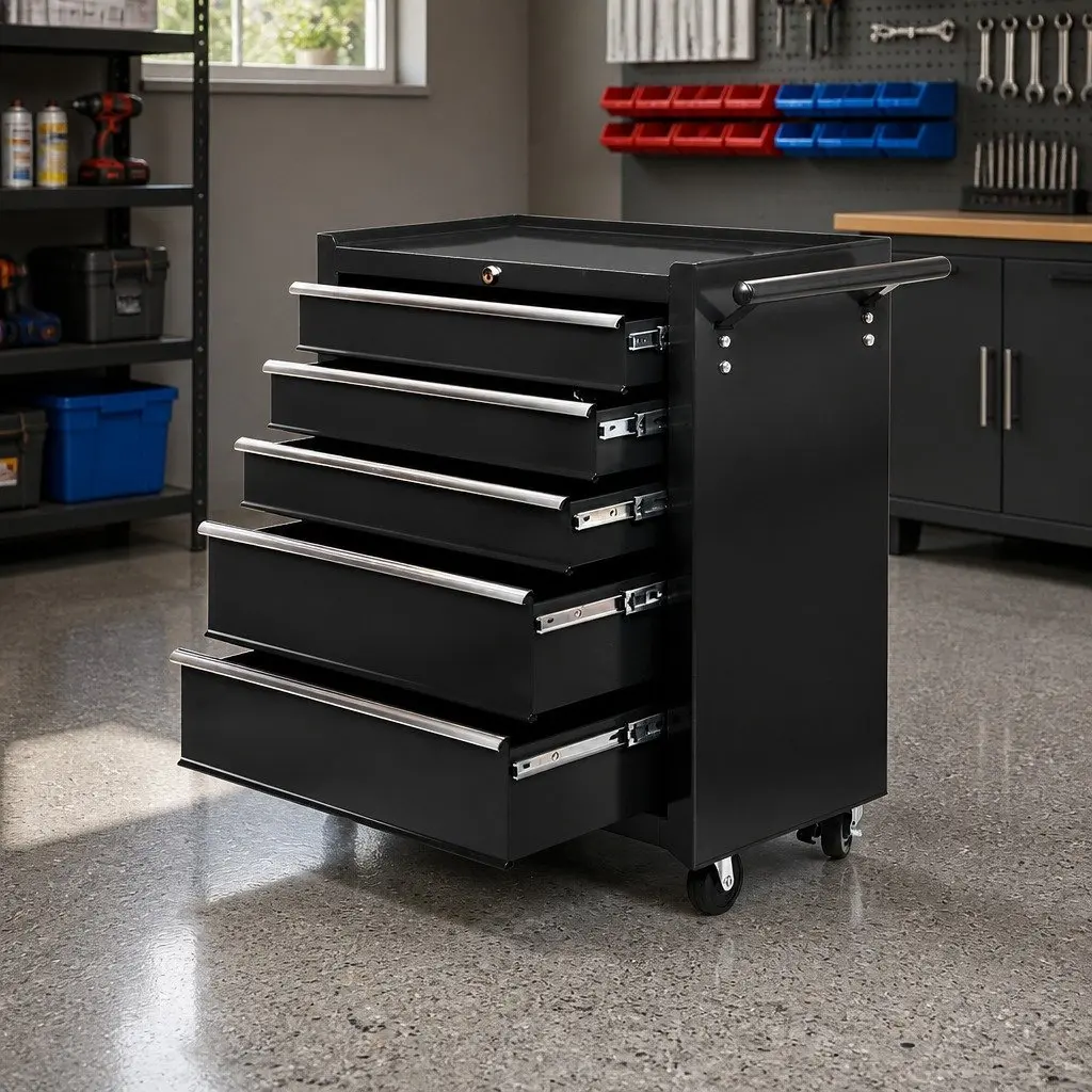 Tool Cabinet Black 5 Drawer Lockable Castors Steel Construction