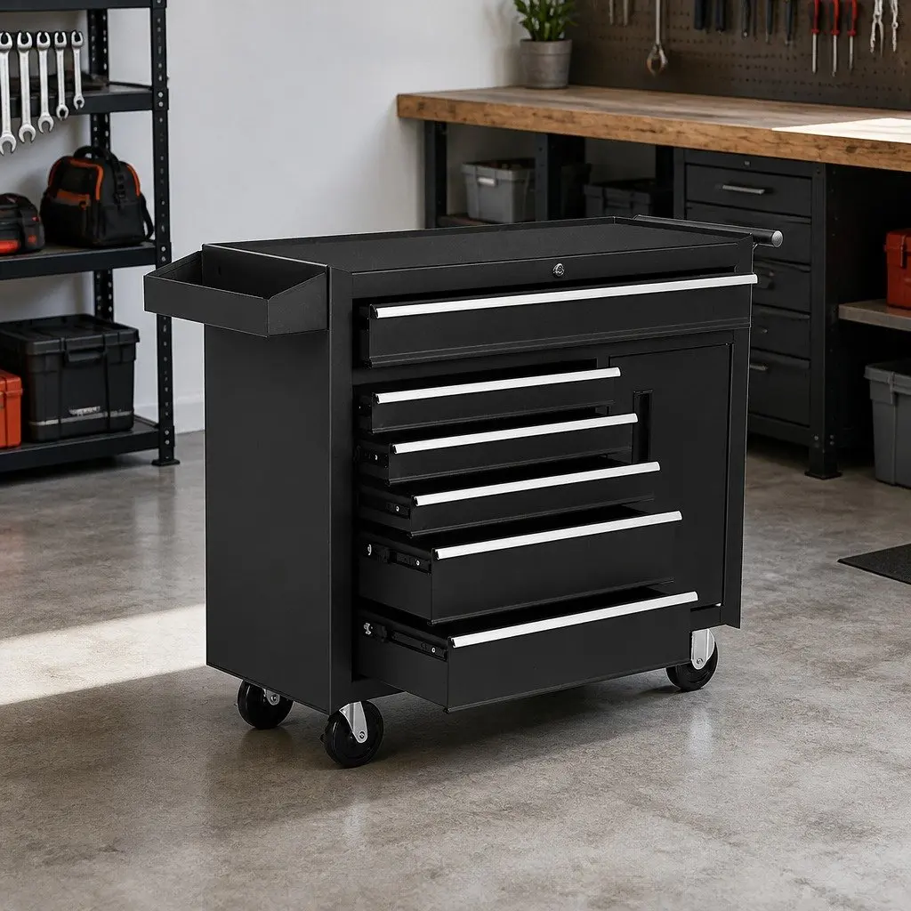 Tool Cabinet Black 6 Drawer Storage Trolley with Wheels
