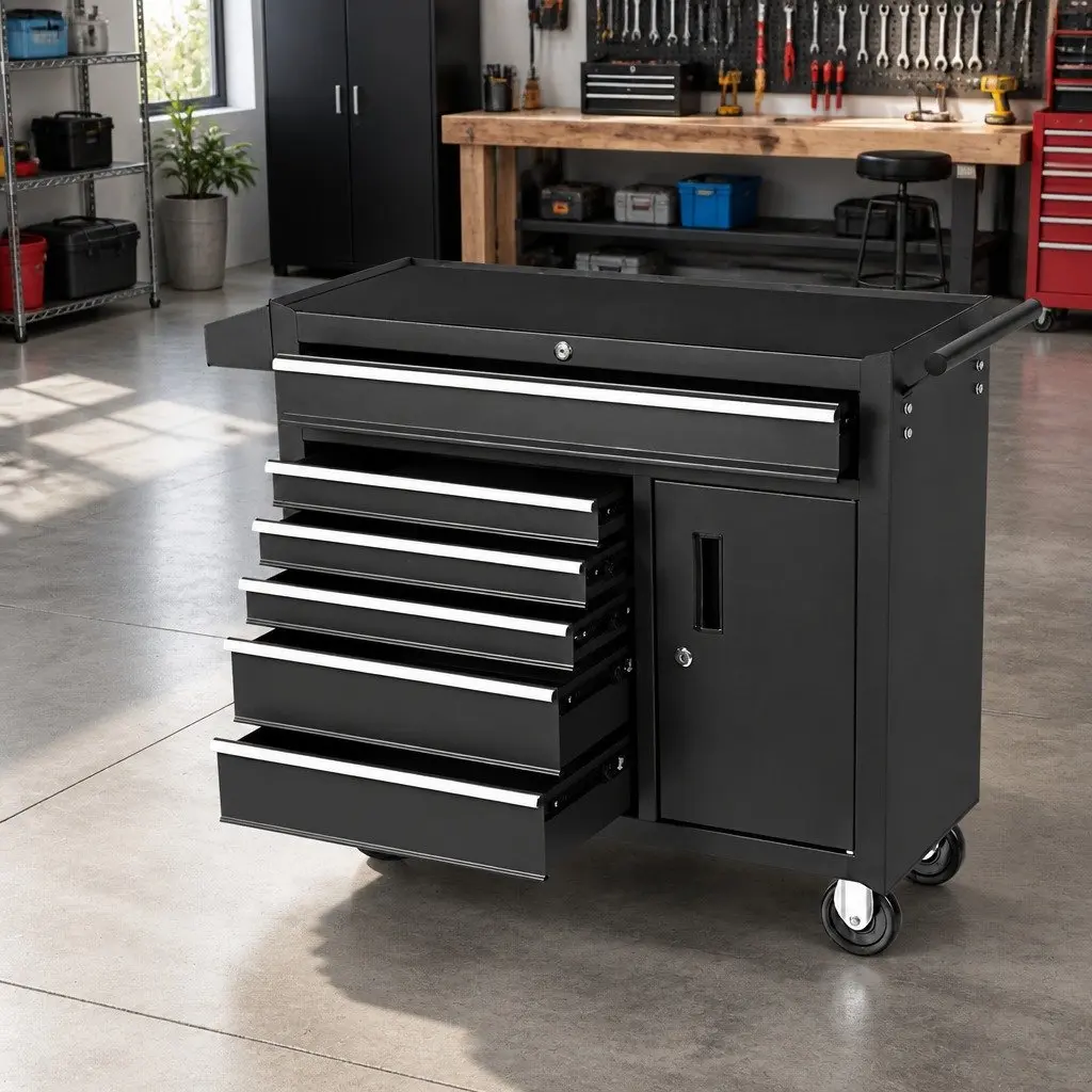 Tool Cabinet Black 6 Drawer Storage Trolley with Wheels