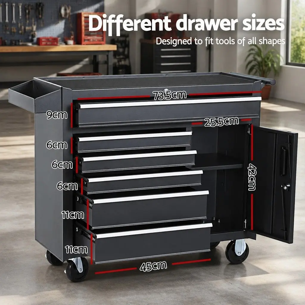 Tool Cabinet Black 6 Drawer Storage Trolley with Wheels