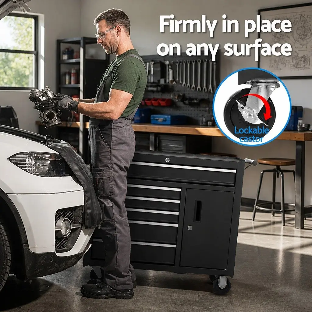 Tool Cabinet Black 6 Drawer Storage Trolley with Wheels