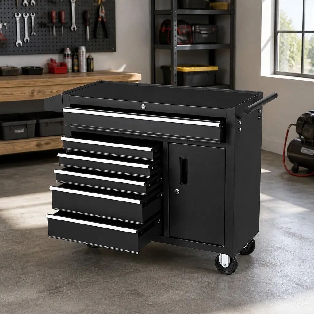 Tool Cabinet Black 6 Drawer Storage Trolley with Wheels