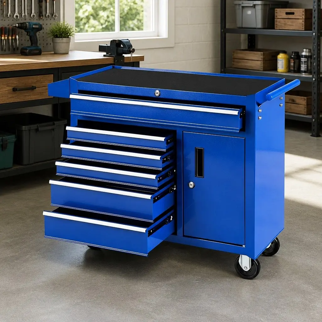 Tool Chest Trolley Blue 6 Drawer Lockable Storage Cabinet with Wheels