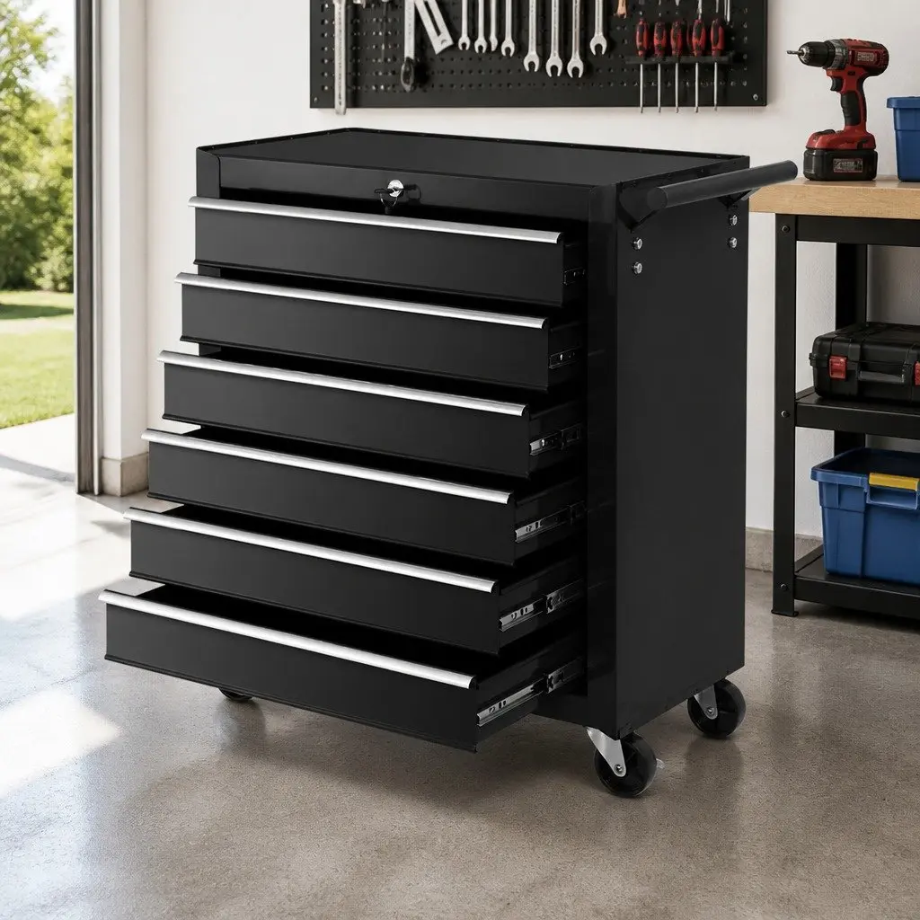 Tool Cabinet Black 6 Drawer Lockable Trolley with Wheels