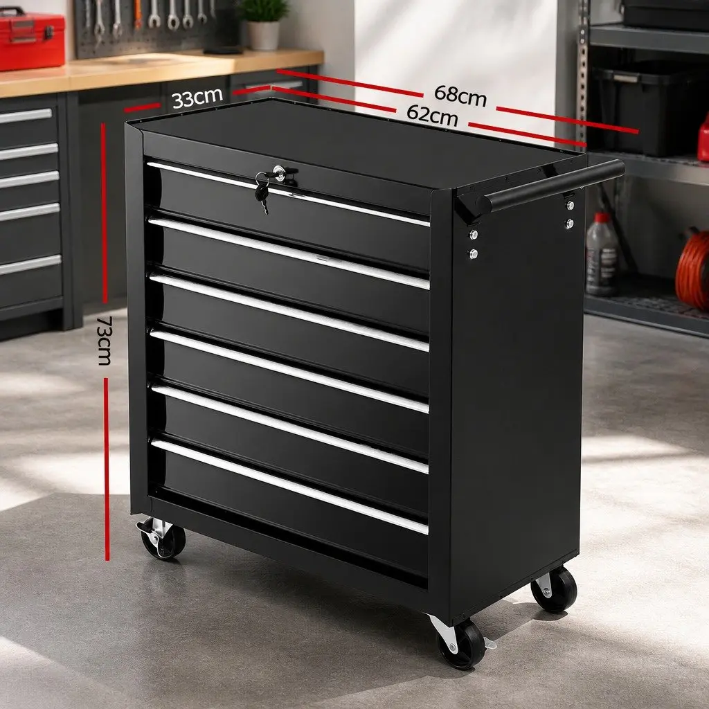 Tool Cabinet Black 6 Drawer Lockable Trolley with Wheels
