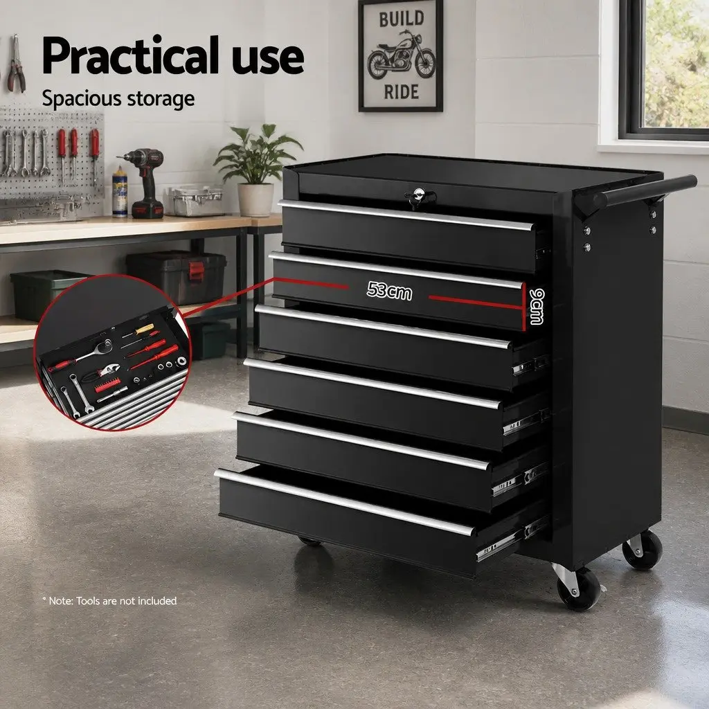 Tool Cabinet Black 6 Drawer Lockable Trolley with Wheels