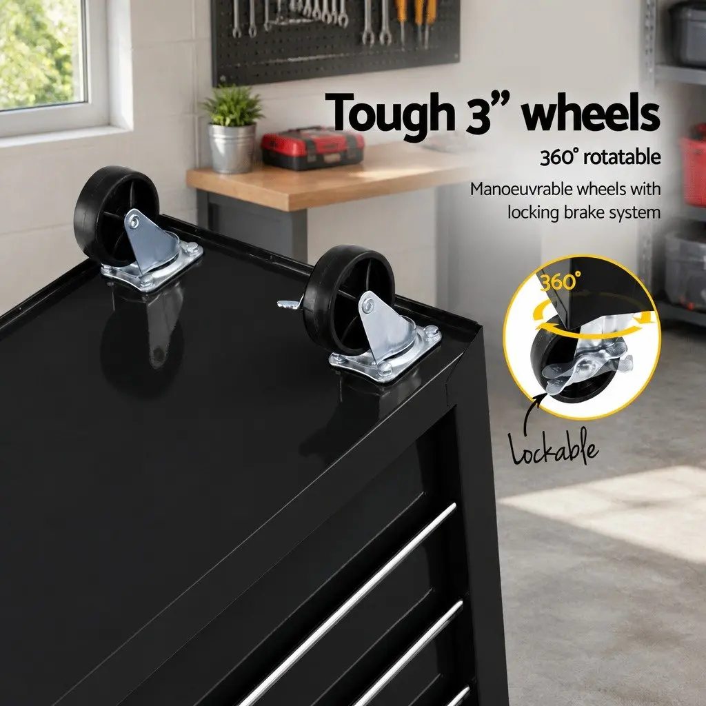 Tool Cabinet Black 6 Drawer Lockable Trolley with Wheels