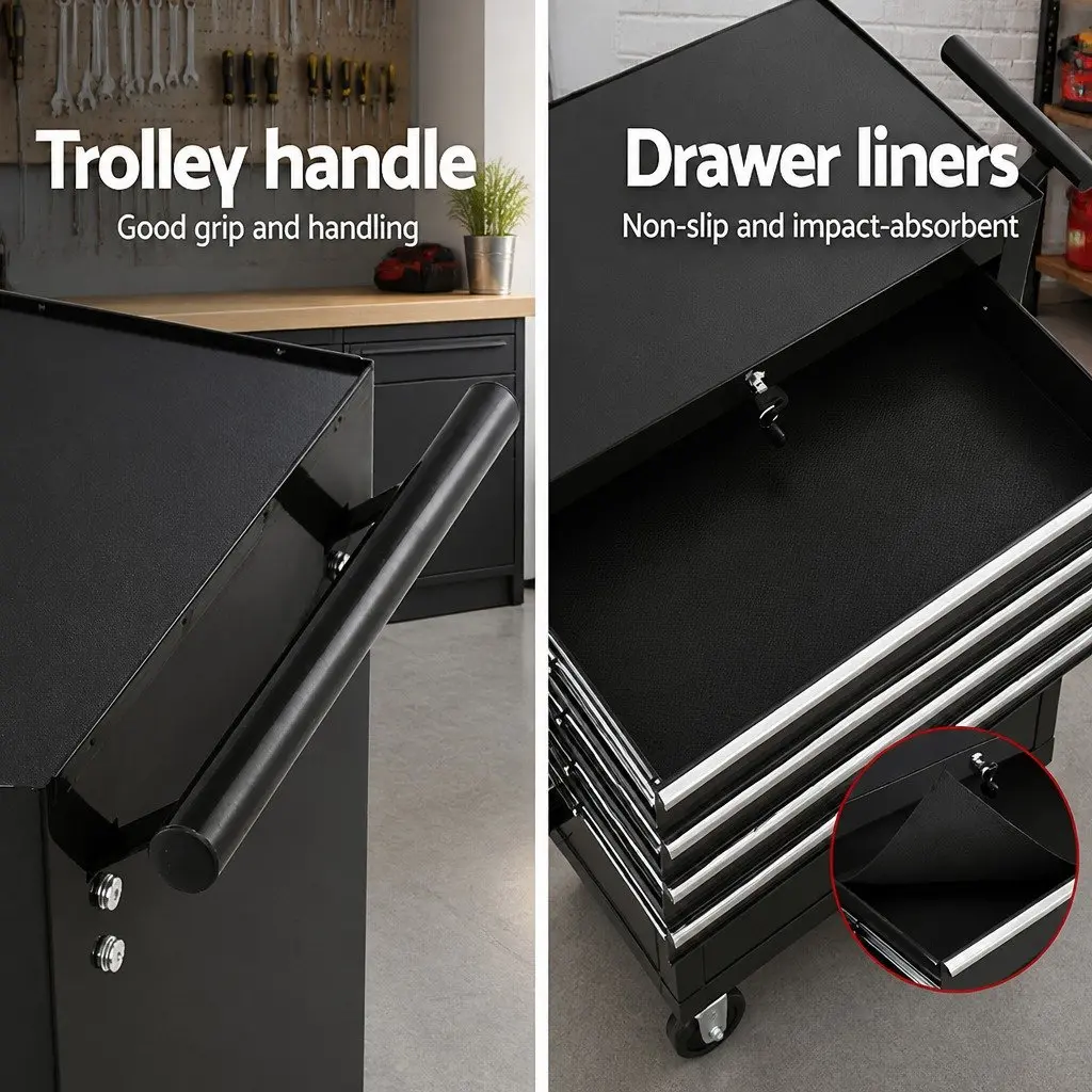 Tool Cabinet Black 6 Drawer Lockable Trolley with Wheels