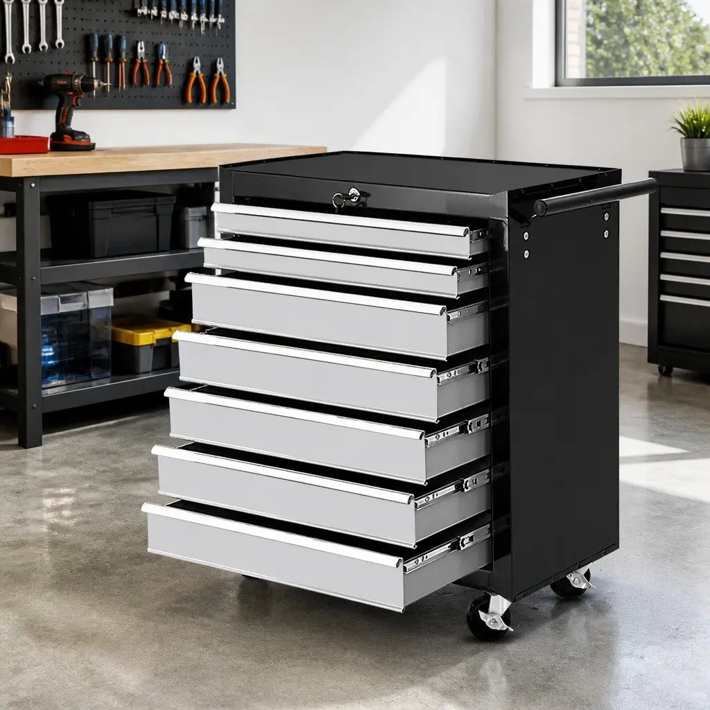 7 Drawer Tool Box Trolley Cabinet Storage Chest Organizer Black Steel