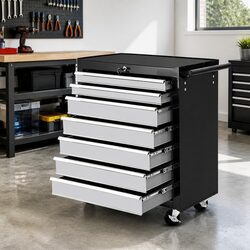 7 Drawer Tool Box Trolley Cabinet Storage Chest Workshop Garage Organizer Black