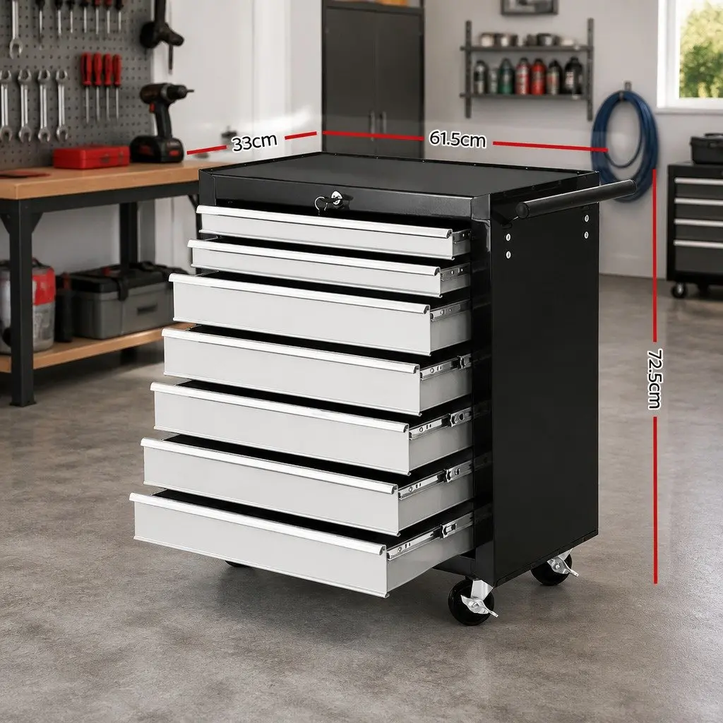 7 Drawer Tool Box Trolley Cabinet Storage Chest Organizer Black Steel
