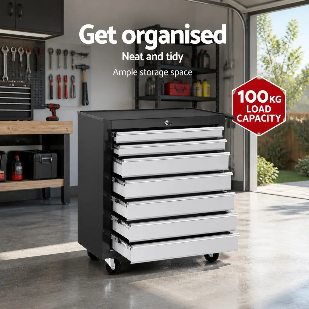 7 Drawer Tool Box Trolley Cabinet Storage Chest Organizer Black Steel
