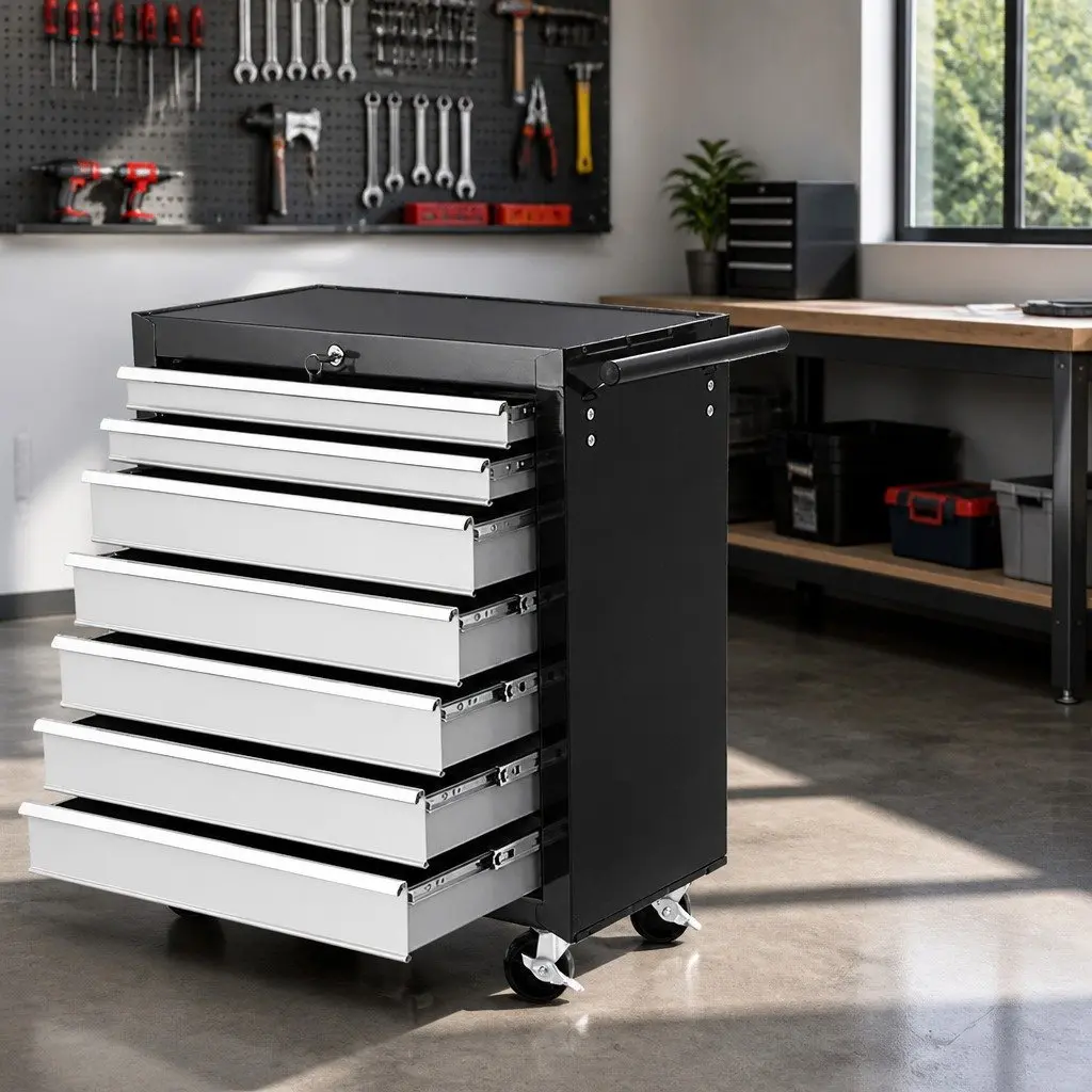7 Drawer Tool Box Trolley Cabinet Storage Chest Organizer Black Steel