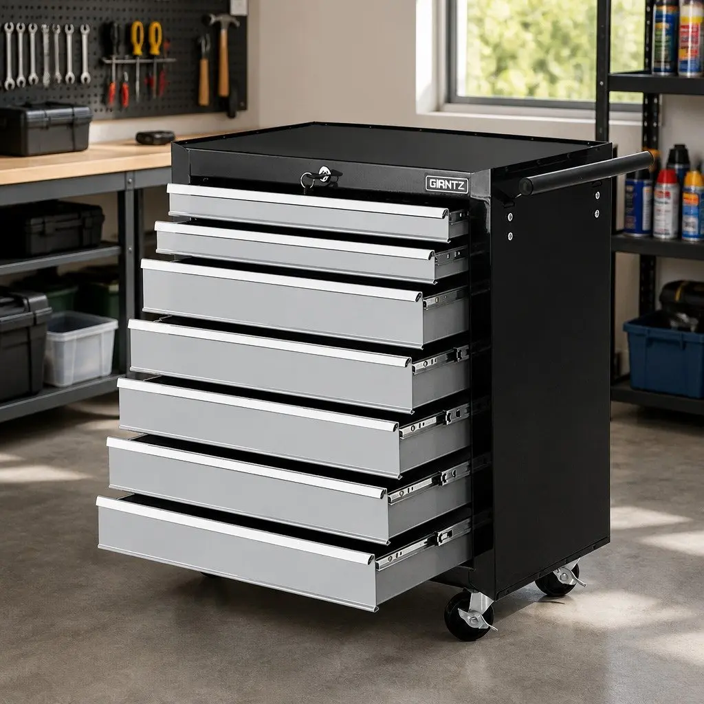 7 Drawer Tool Box Trolley Cabinet Storage Chest Organizer Black Steel