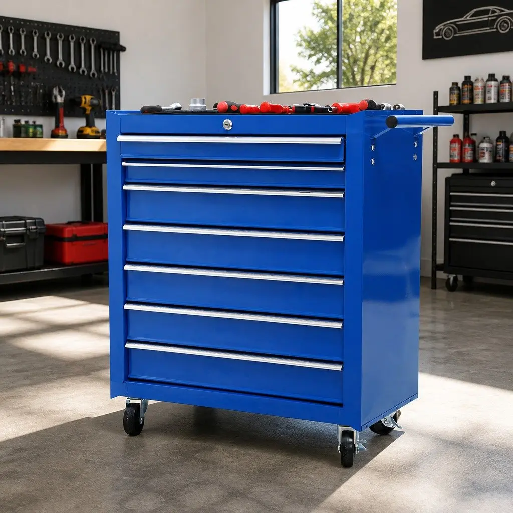 7 Drawer Tool Cabinet Chest Trolley Blue Steel Lockable Drawers 360 Degree Castor Wheels