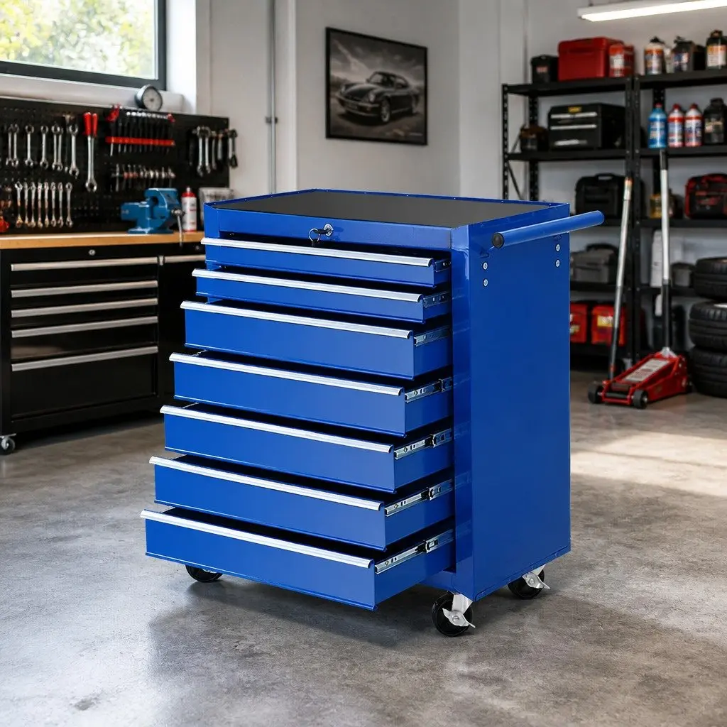 7 Drawer Tool Cabinet Chest Trolley Blue Steel Lockable Drawers 360 Degree Castor Wheels