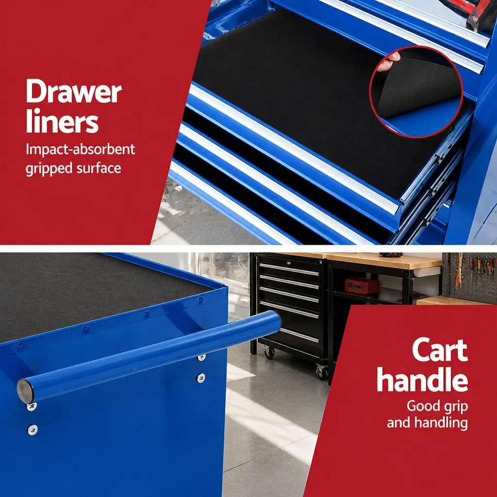 7 Drawer Tool Cabinet Chest Trolley Blue Steel Lockable Drawers 360 Degree Castor Wheels