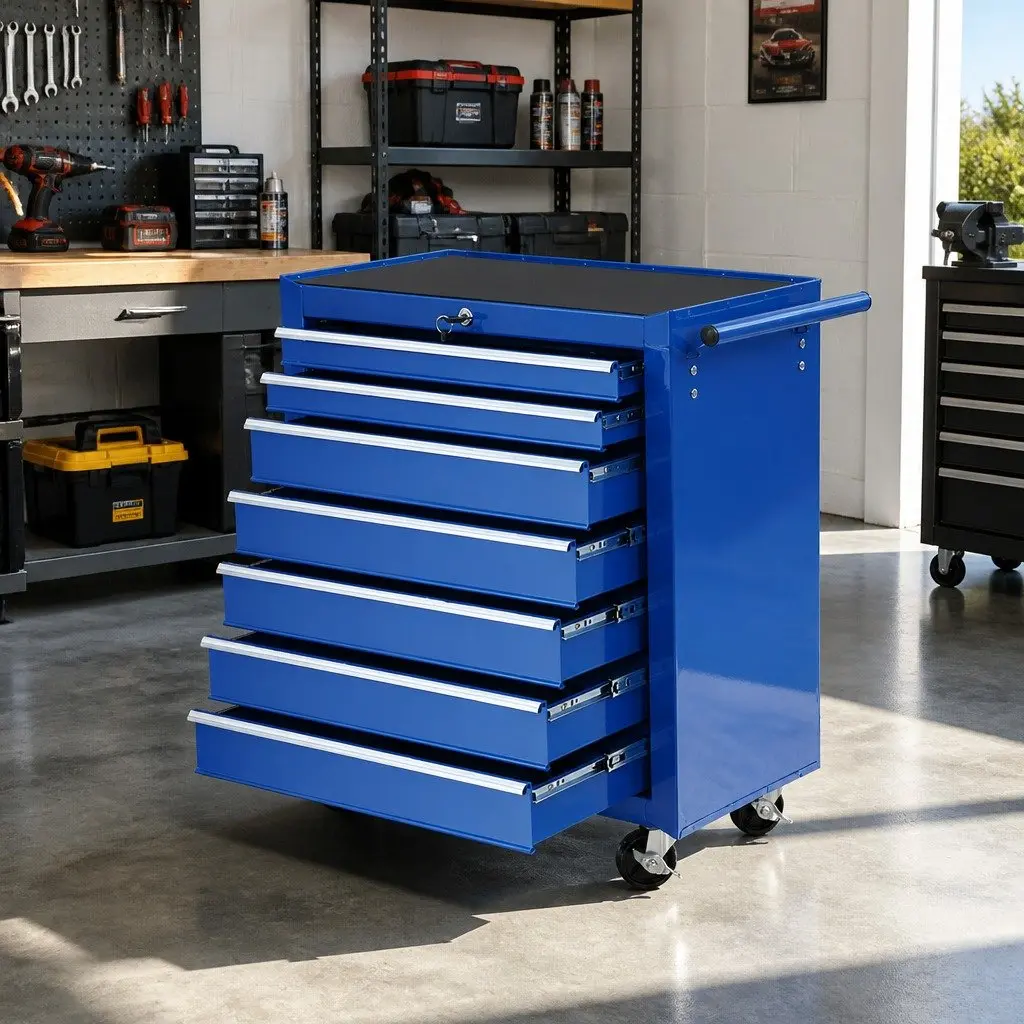 7 Drawer Tool Cabinet Chest Trolley Blue Steel Lockable Drawers 360 Degree Castor Wheels