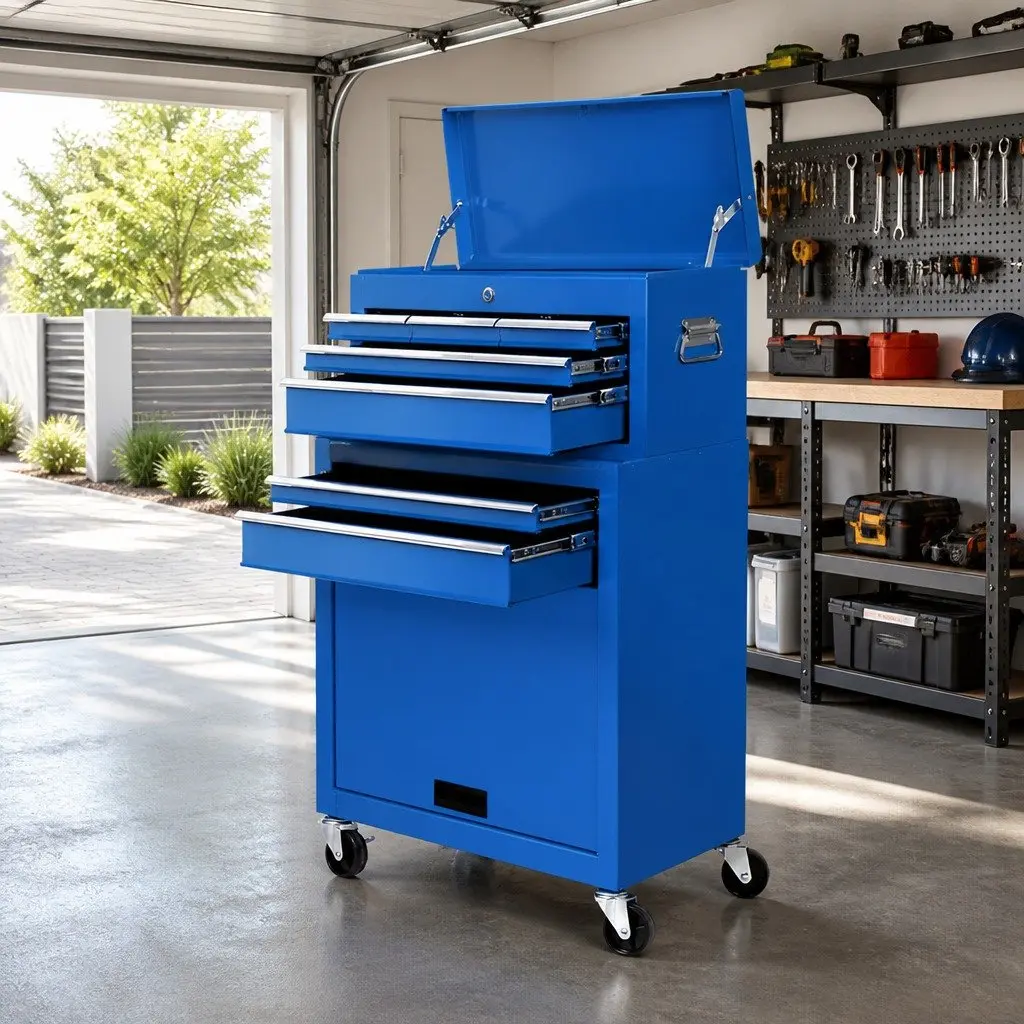 7 Drawer Tool Box Cabinet Chest Trolley Storage Organizer Blue Steel 360 Degree Castor Wheels Ball Bearing Slides