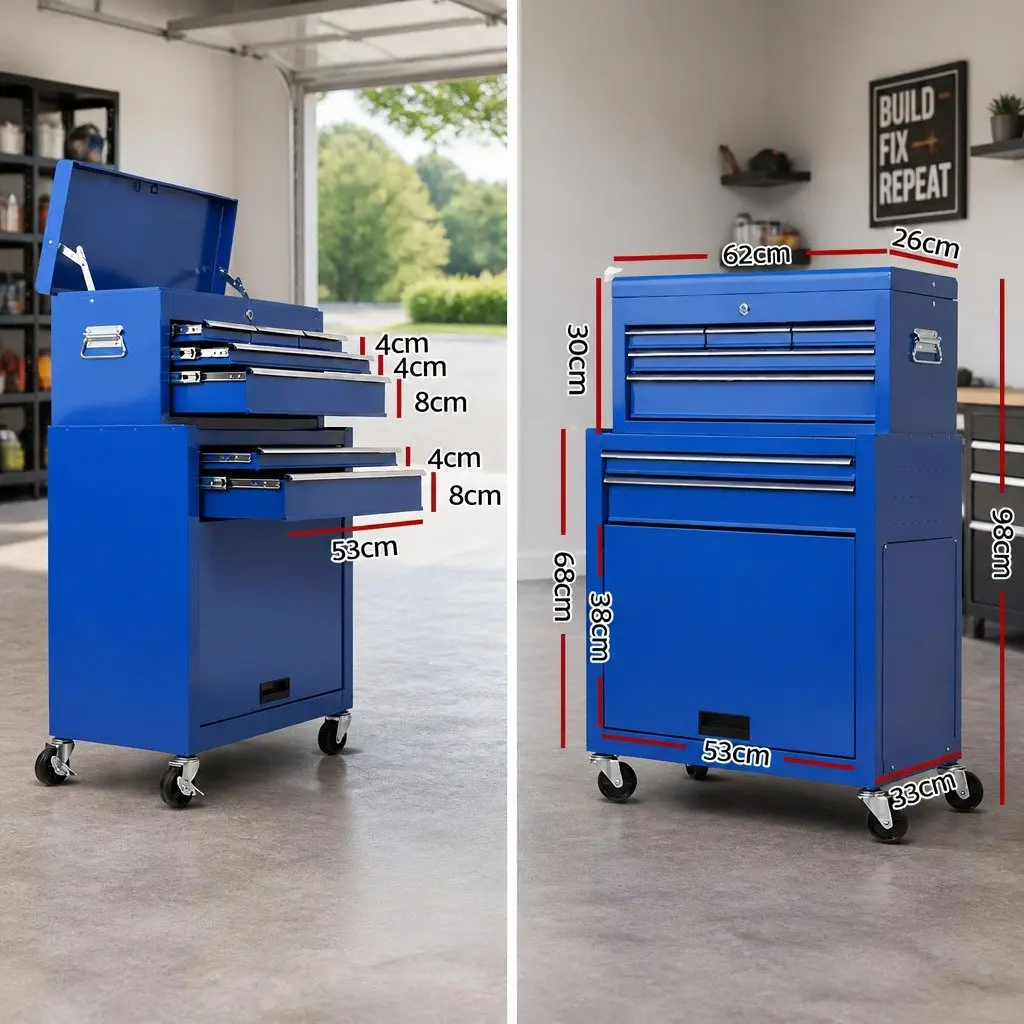7 Drawer Tool Box Cabinet Chest Trolley Storage Organizer Blue Steel 360 Degree Castor Wheels Ball Bearing Slides