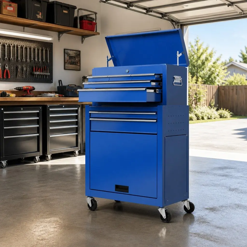7 Drawer Tool Box Cabinet Chest Trolley Storage Organizer Blue Steel 360 Degree Castor Wheels Ball Bearing Slides
