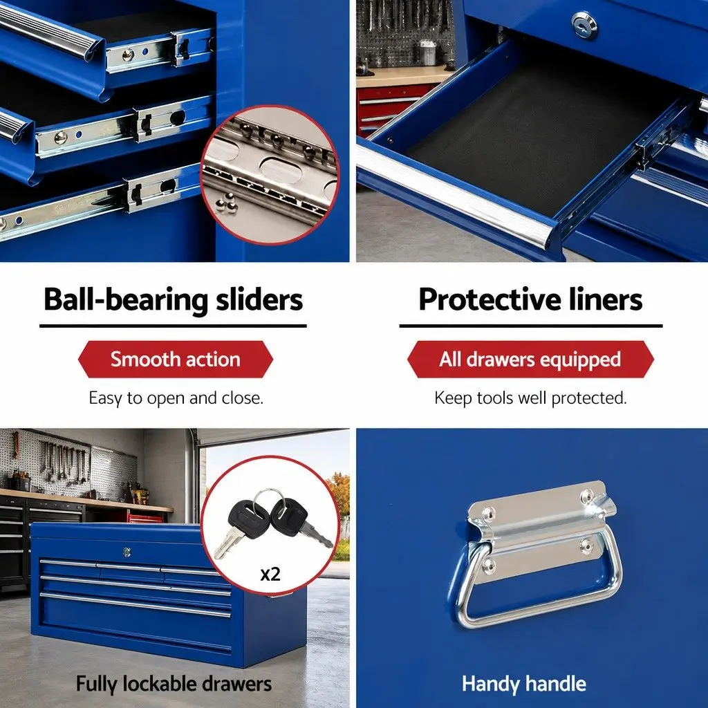 7 Drawer Tool Box Cabinet Chest Trolley Storage Organizer Blue Steel 360 Degree Castor Wheels Ball Bearing Slides