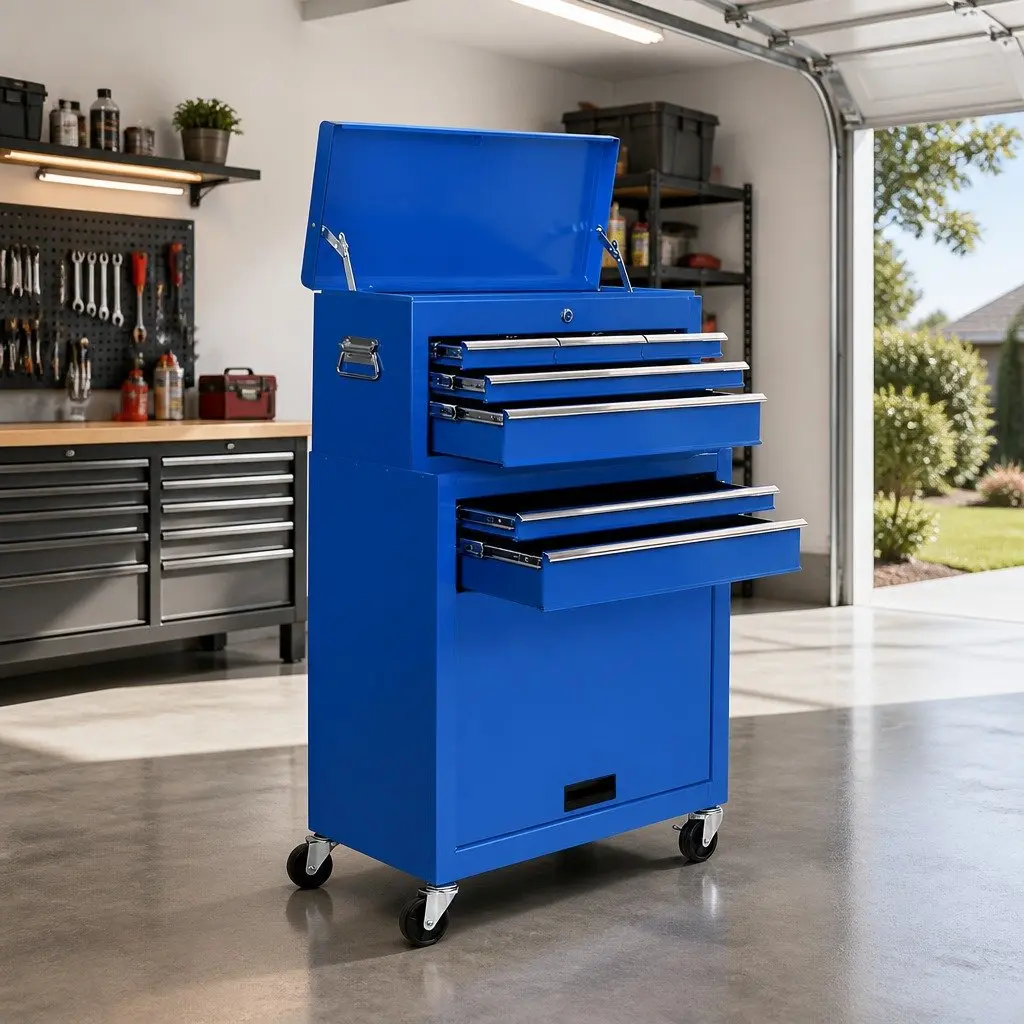 7 Drawer Tool Box Cabinet Chest Trolley Storage Organizer Blue Steel 360 Degree Castor Wheels Ball Bearing Slides