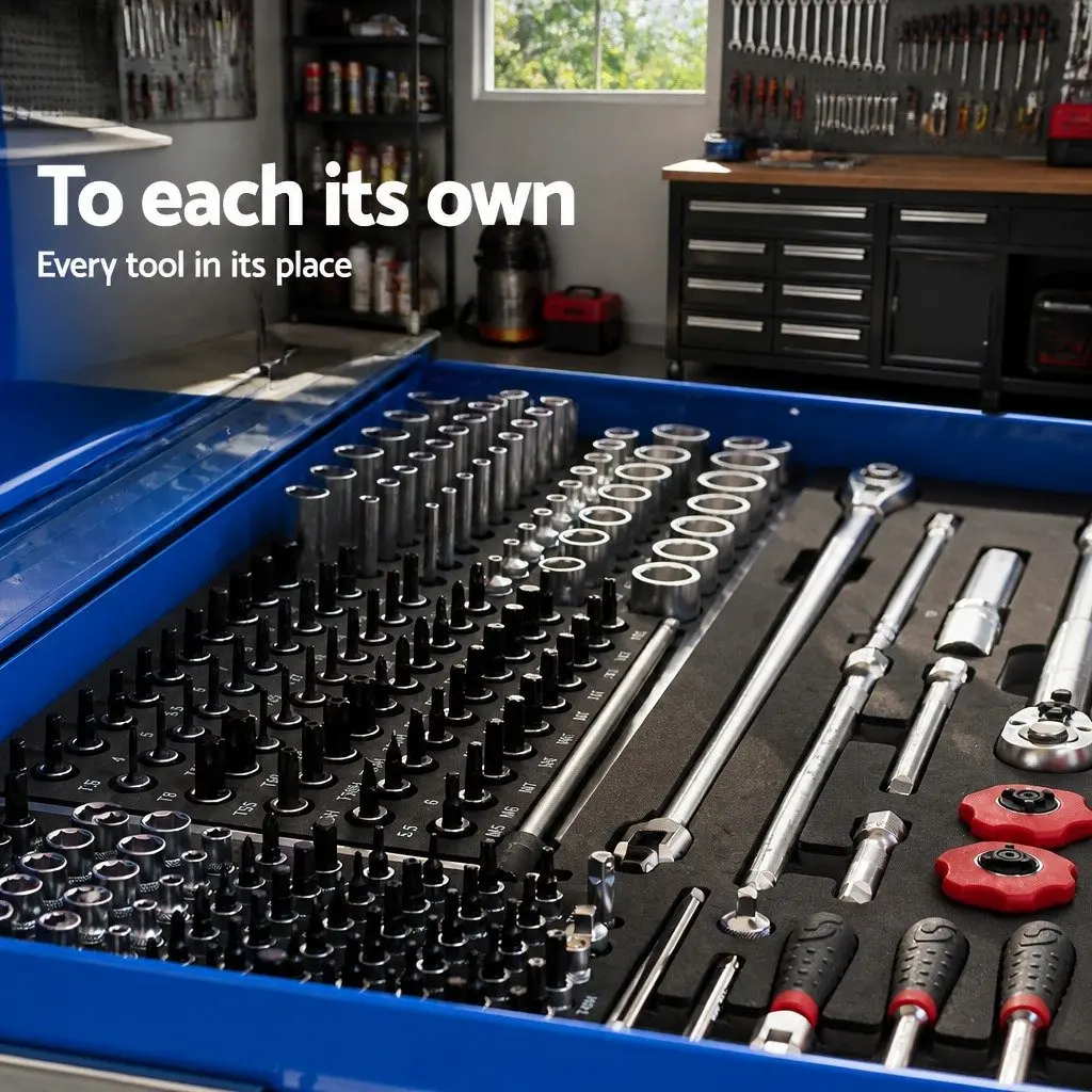 9 Drawer Tool Box Cabinet Chest Storage Organiser Garage Workshop Blue Steel