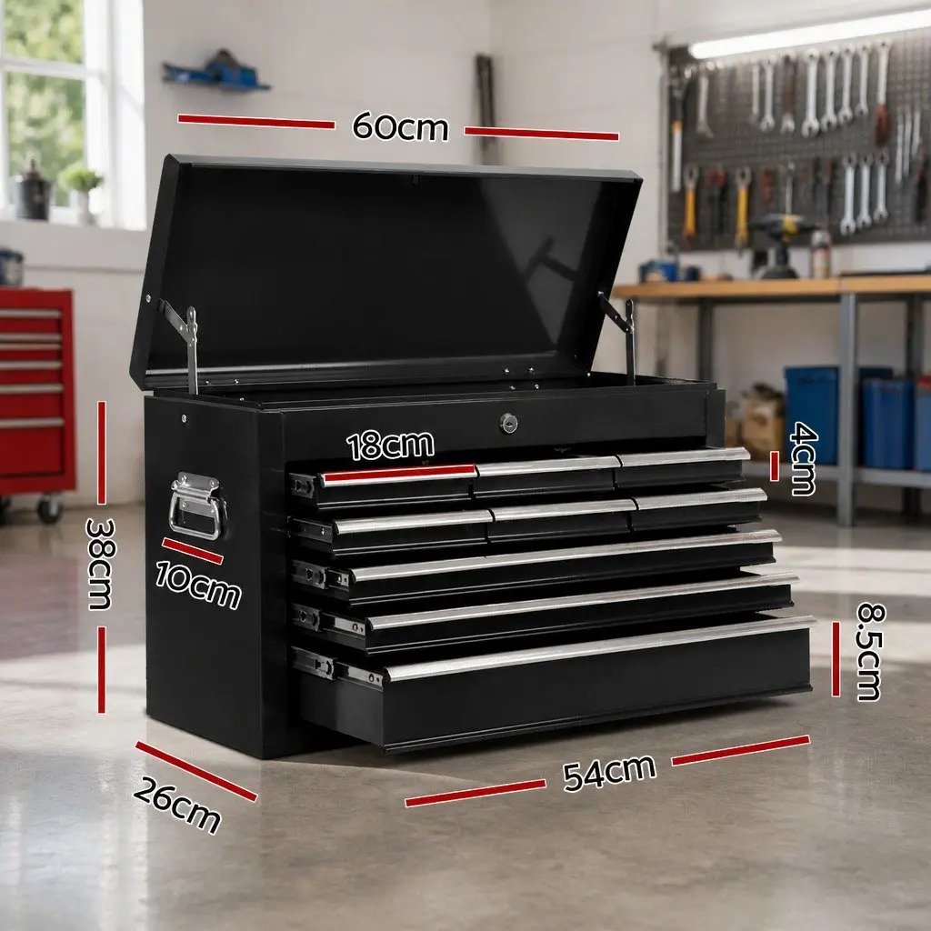 Tool Cabinet Black Steel 9 Drawer Lockable Storage Chest with Non-Slip Liners