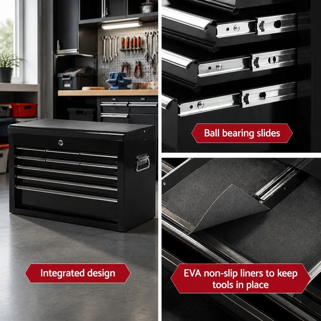 Tool Cabinet Black Steel 9 Drawer Lockable Storage Chest with Non-Slip Liners
