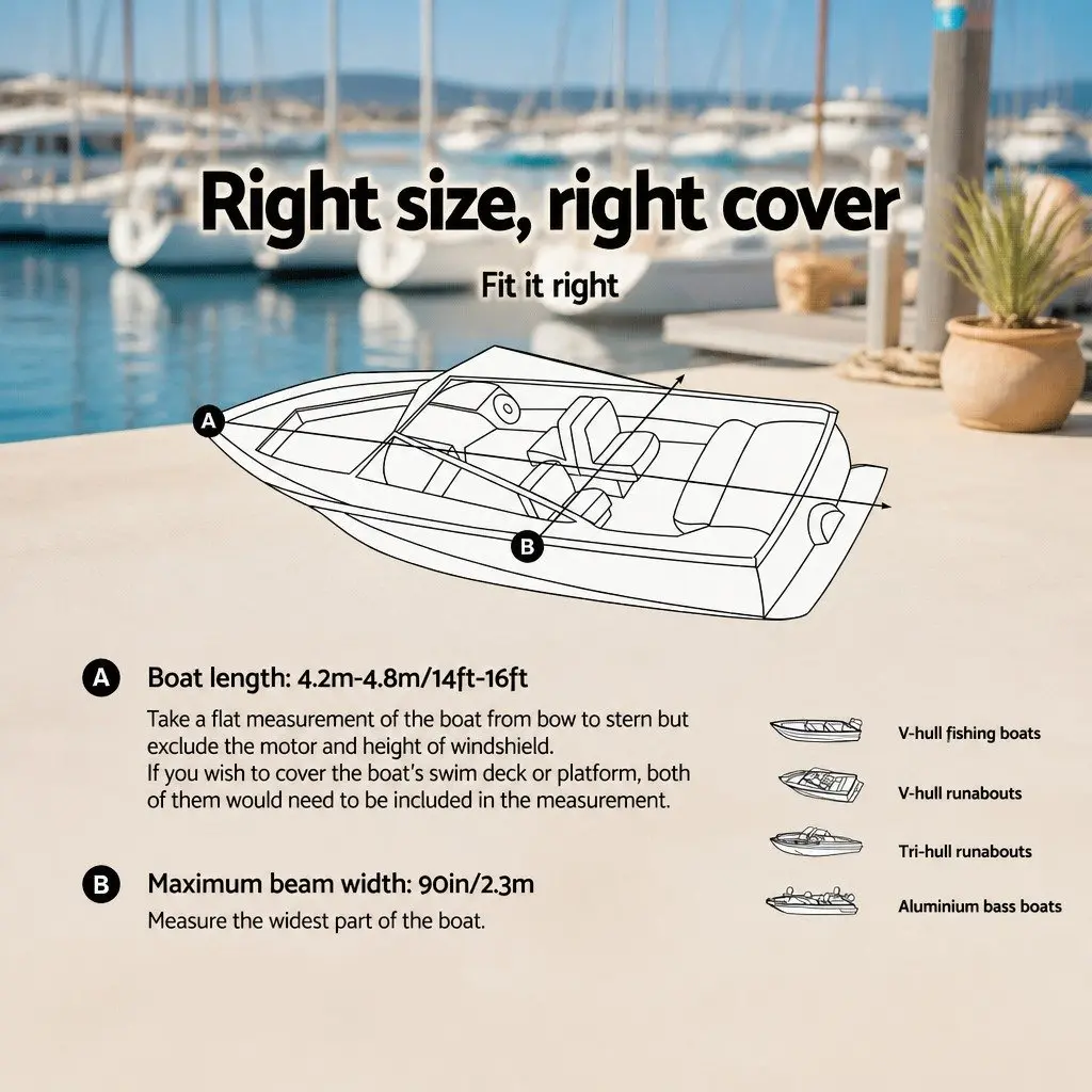 Boat Cover 14-16ft Grey 600D Polyester UV Mildew Resistant Trailerable with Elastic Hems and Adjustable Fastening Straps