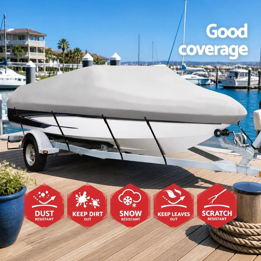 Boat Cover 14-16ft Grey 600D Polyester UV Mildew Resistant Trailerable with Elastic Hems and Adjustable Fastening Straps