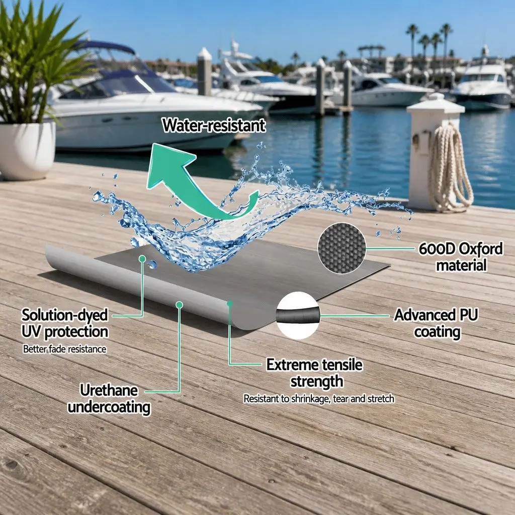 Boat Cover 14-16ft Grey 600D Polyester UV Mildew Resistant Trailerable with Elastic Hems and Adjustable Fastening Straps