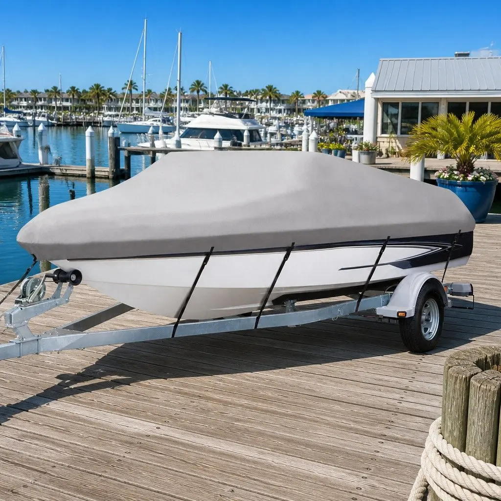 Boat Cover 14-16ft Grey 600D Polyester UV Mildew Resistant Trailerable with Elastic Hems and Adjustable Fastening Straps