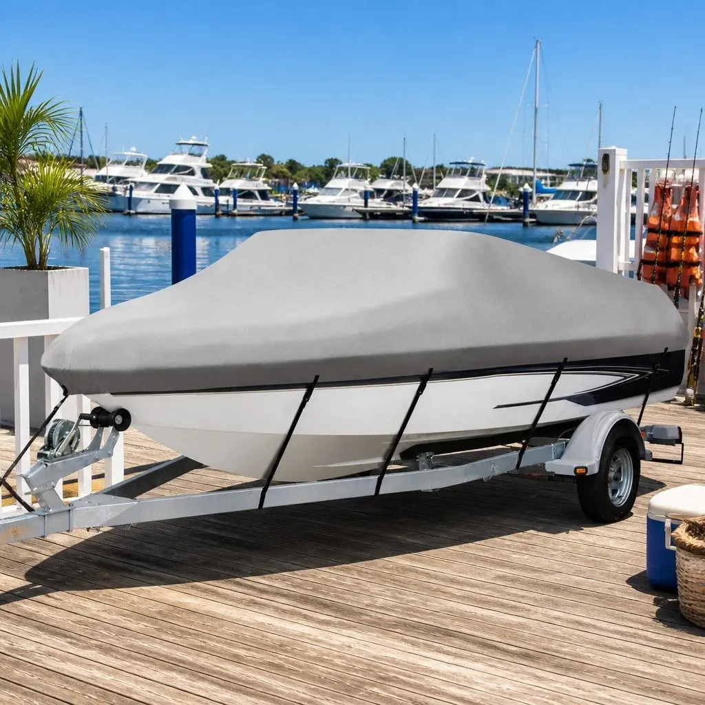 Boat Cover Grey 16-18.5ft Marine Grade 600D Polyester UV Mildew Resistant