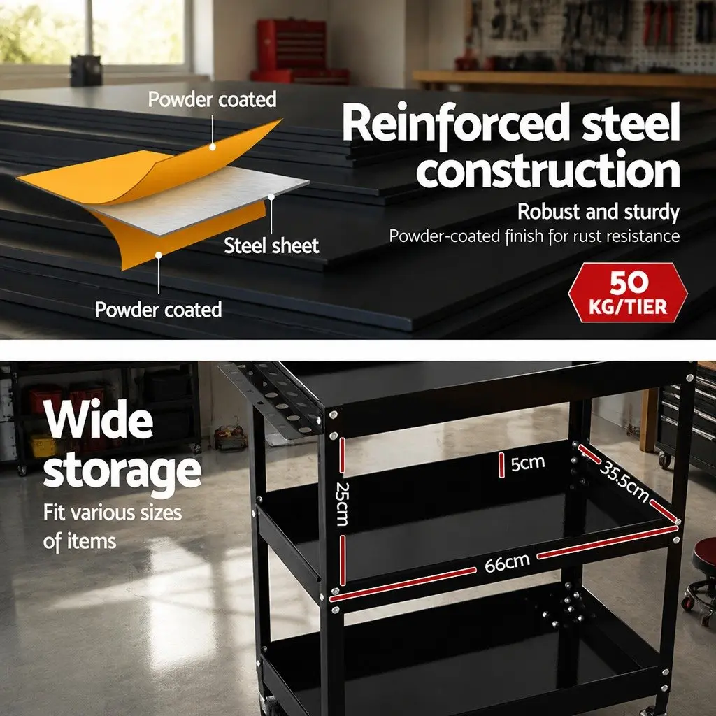 3-Tier Tool Trolley with Lockable Wheels