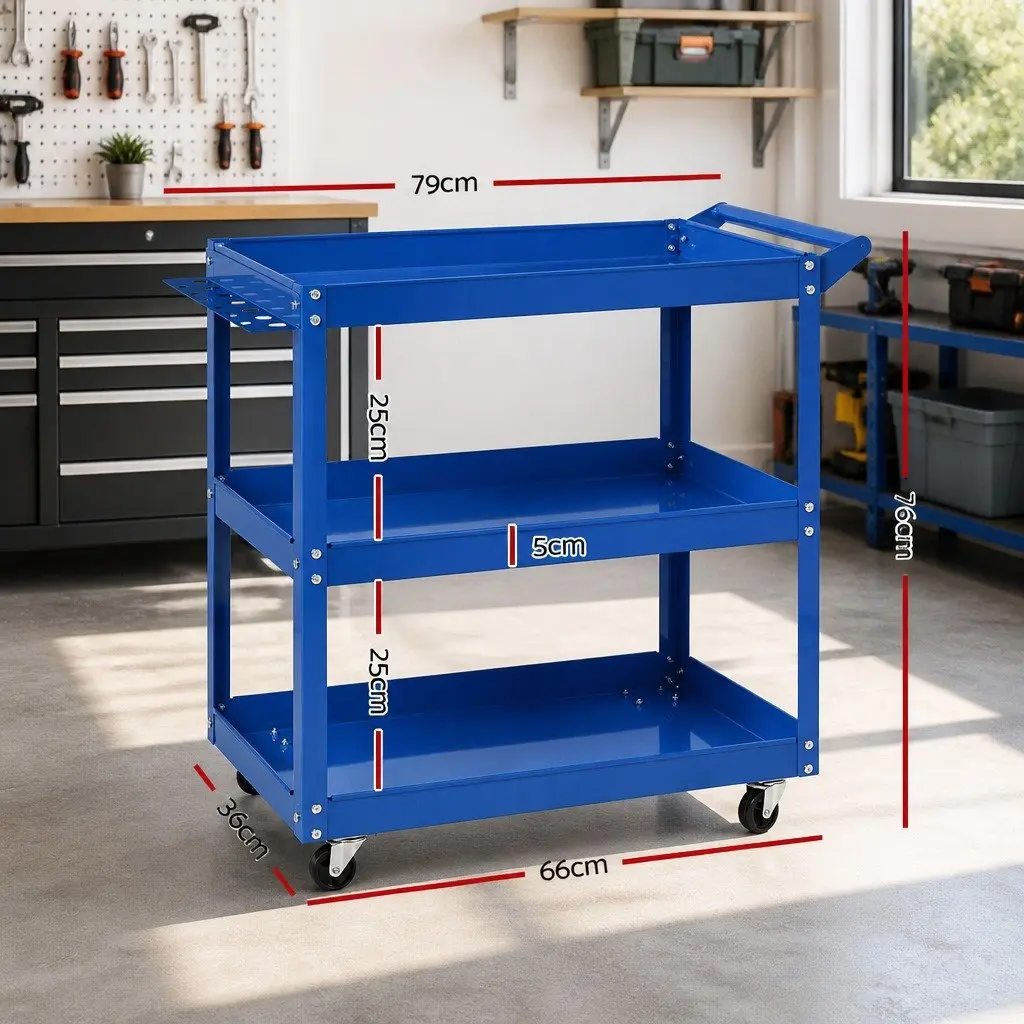 Tool Cart Trolley Blue 3-Tier Heavy-Duty Steel Mobile Storage Organizer with Lockable Castors and Screwdriver Storage Bay
