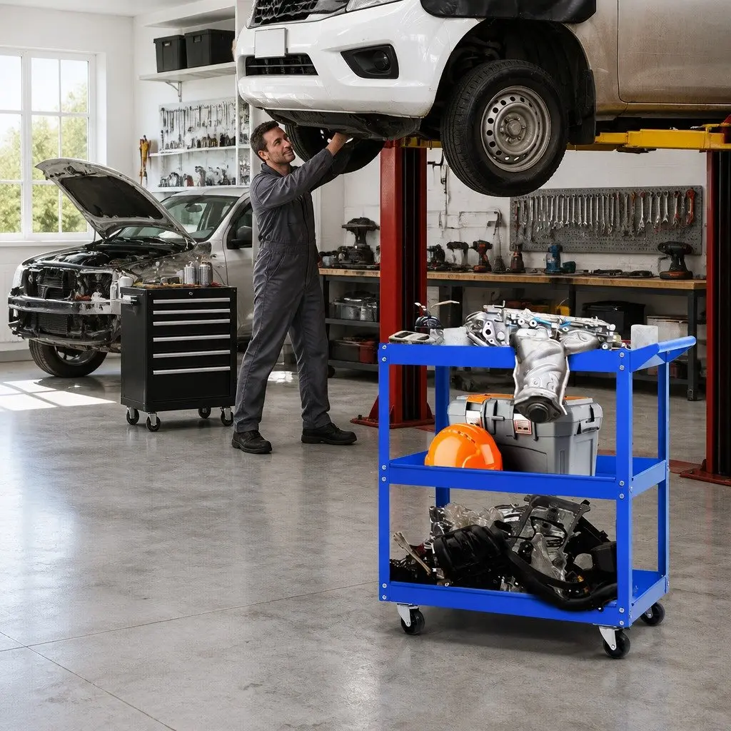 Tool Cart Trolley Blue 3-Tier Heavy-Duty Steel Mobile Storage Organizer with Lockable Castors and Screwdriver Storage Bay
